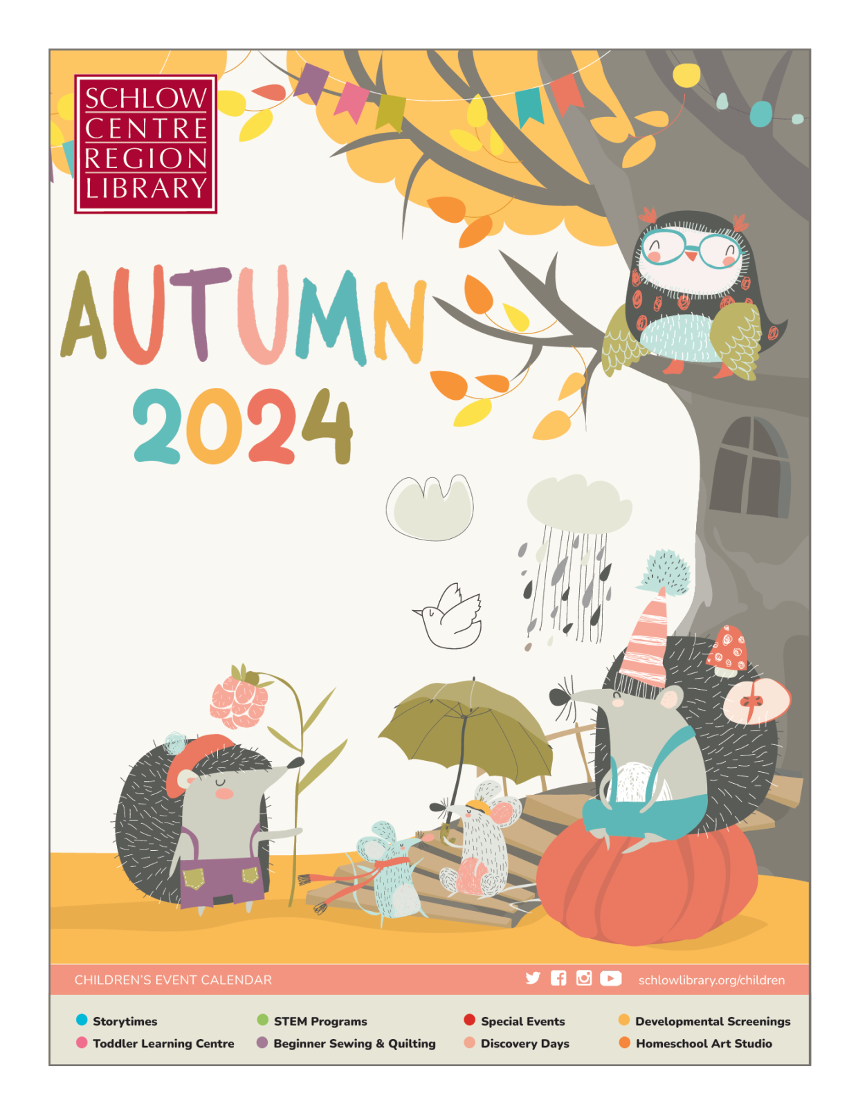 Cover image of the Schlow Children's Autumn 2024 calendar (forest illustration with cute animals and decorations)