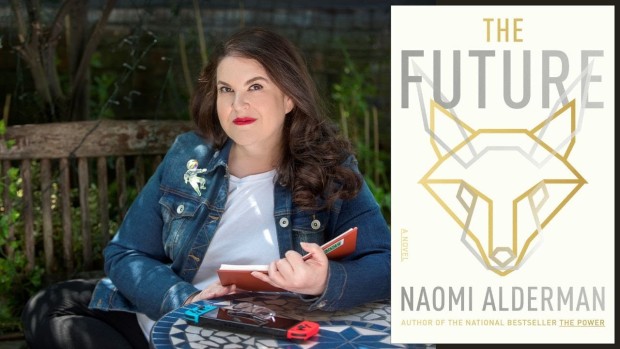 Naomi Alderman with the cover of her novel The Future