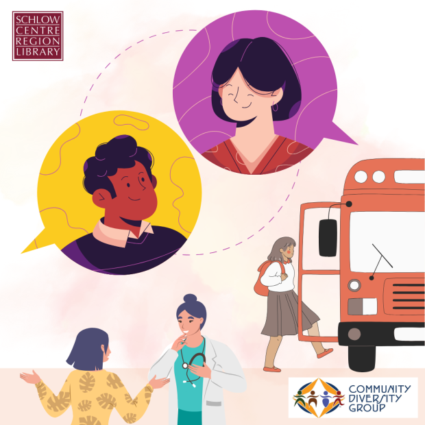 Cartoon image of people talking, taking a bus, and a person talking to a doctor